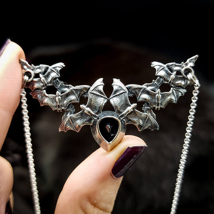 Silver Onyx Bat Swarm Necklace
