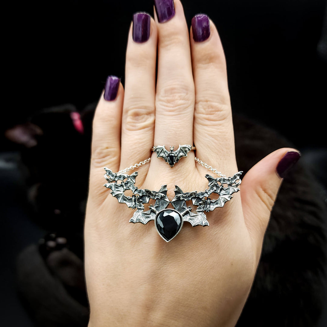 Silver Onyx Bat Swarm Necklace