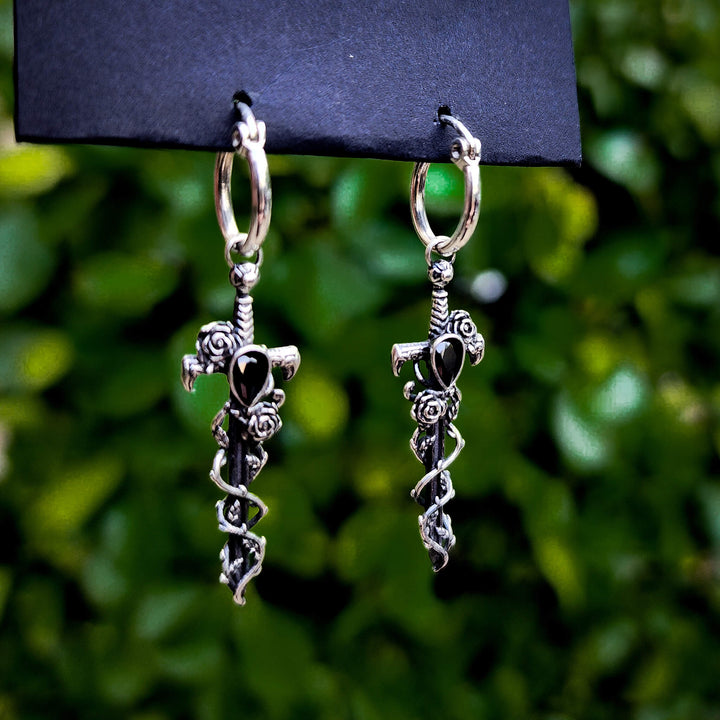 Onyx Silver Holy Rose Sword Earrings
