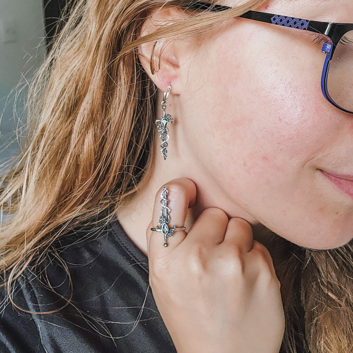 Onyx Silver Holy Rose Sword Earrings