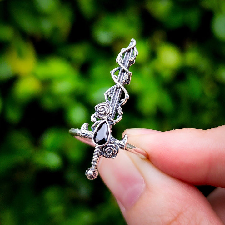 Onyx Holy Rose Sword Ring Silver