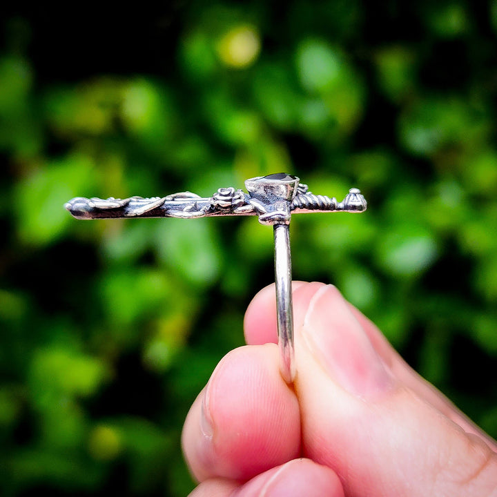 Onyx Holy Rose Sword Ring Silver
