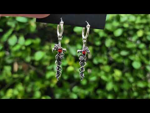 Garnet Silver Holy Rose Sword Earrings