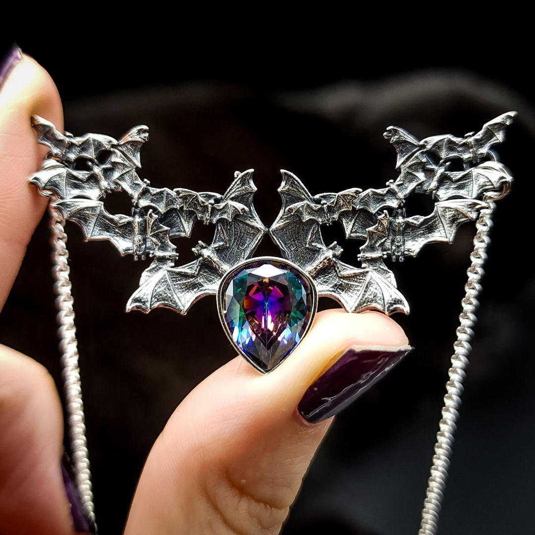 Silver Mystic Topaz Bat Swarm Necklace