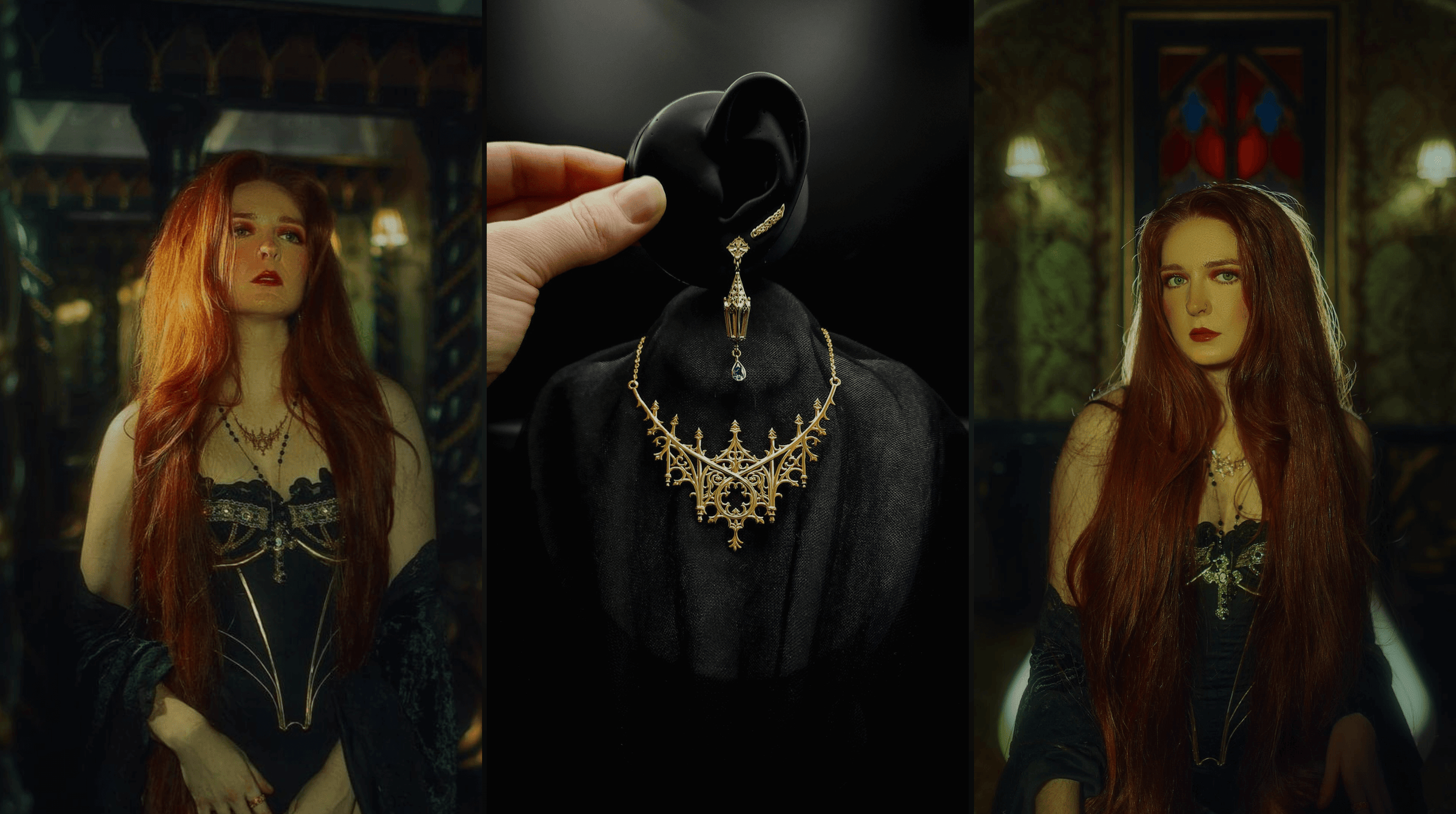 A stylish woman adorned with a Cathedral necklace