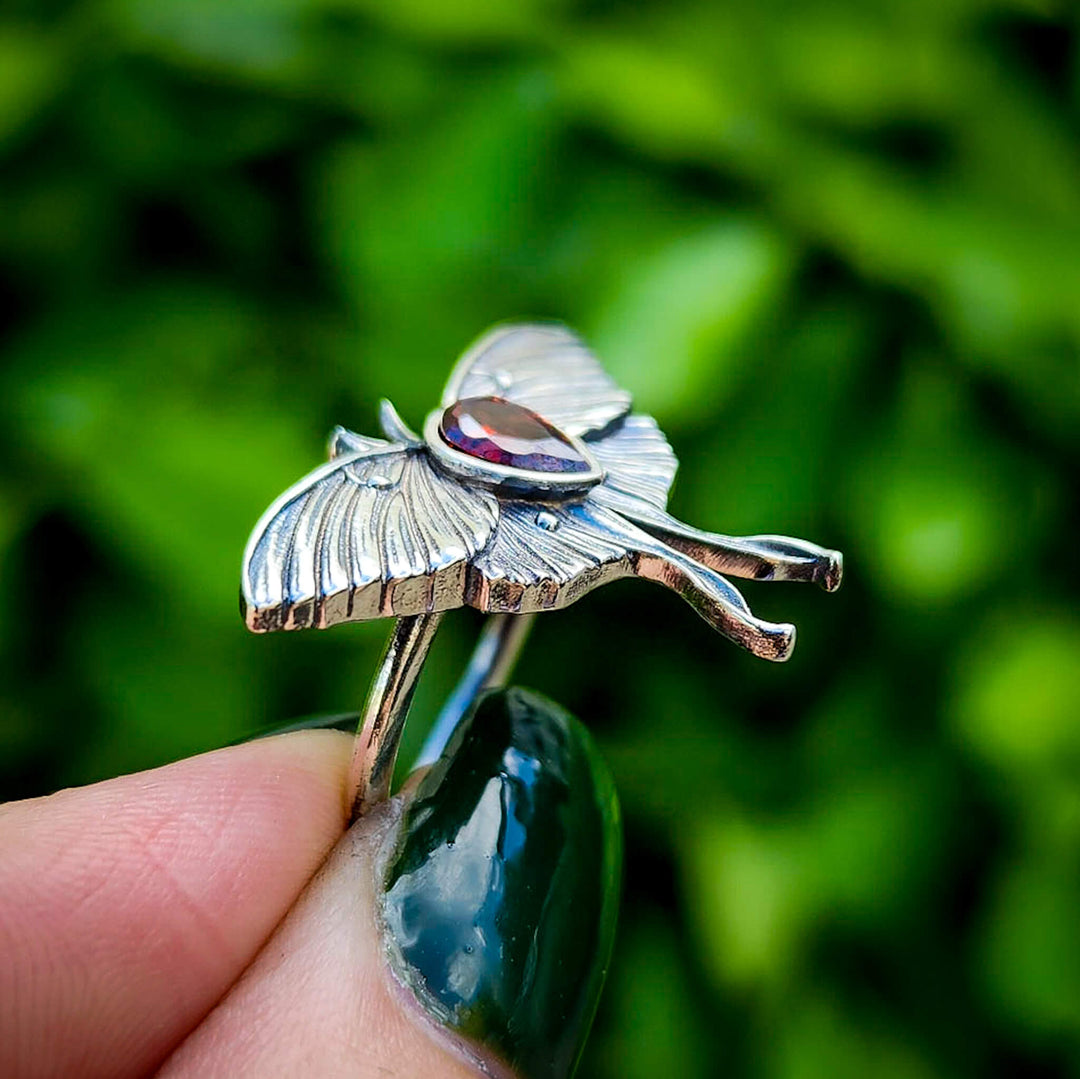 Garnet Luna Moth Ring