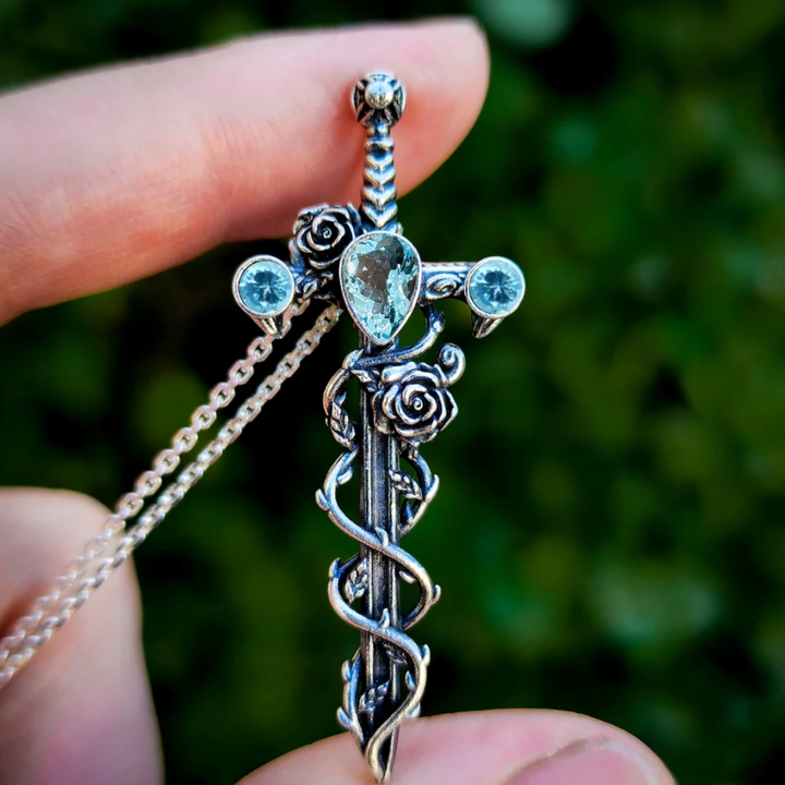 Silver Custom Holy Rose Sword Necklace with Swiss Blue Topaz