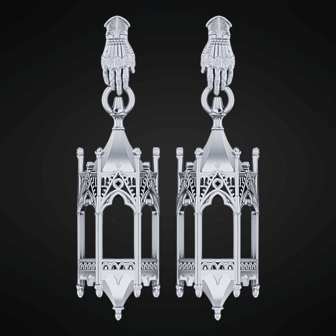 Sterling Silver Knights Cathedral Lantern Earrings W/ Gauntlet Studs