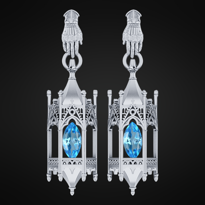 Sterling Silver Knights Cathedral Lantern Earrings with Blue Topaz + Necklace Set