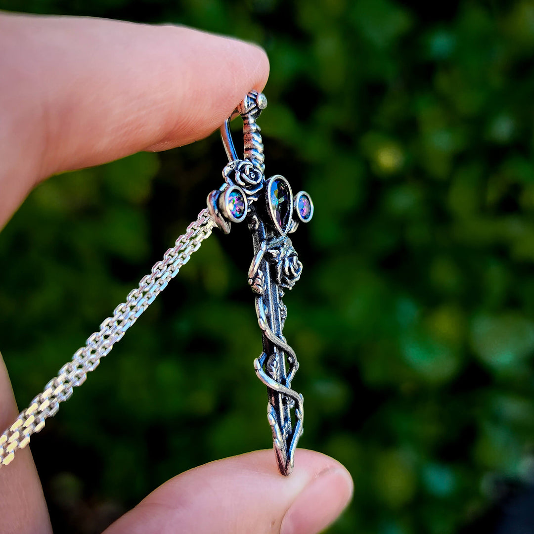 Silver Alexandrite Holy Rose Sword Necklace