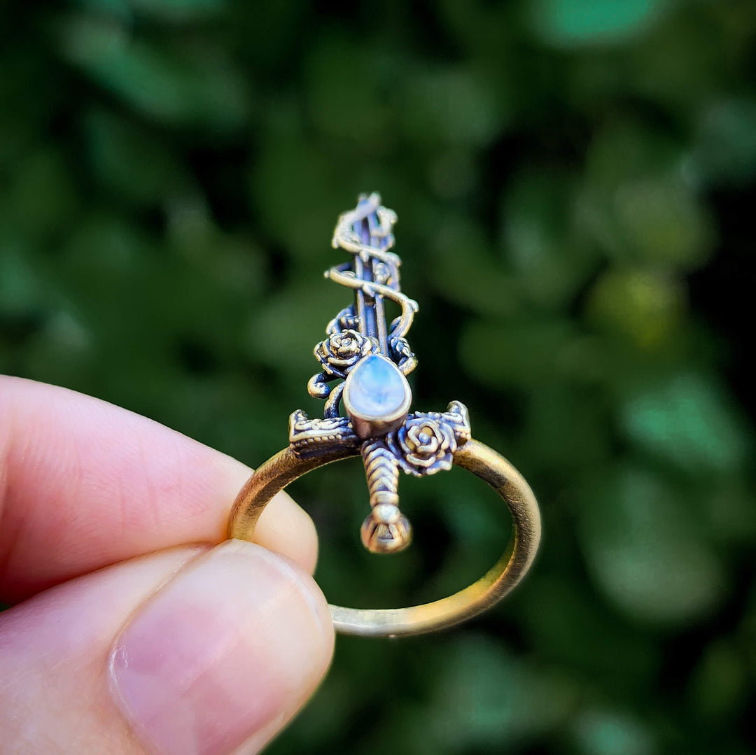 Moonstone Holy Rose Sword Ring Brass