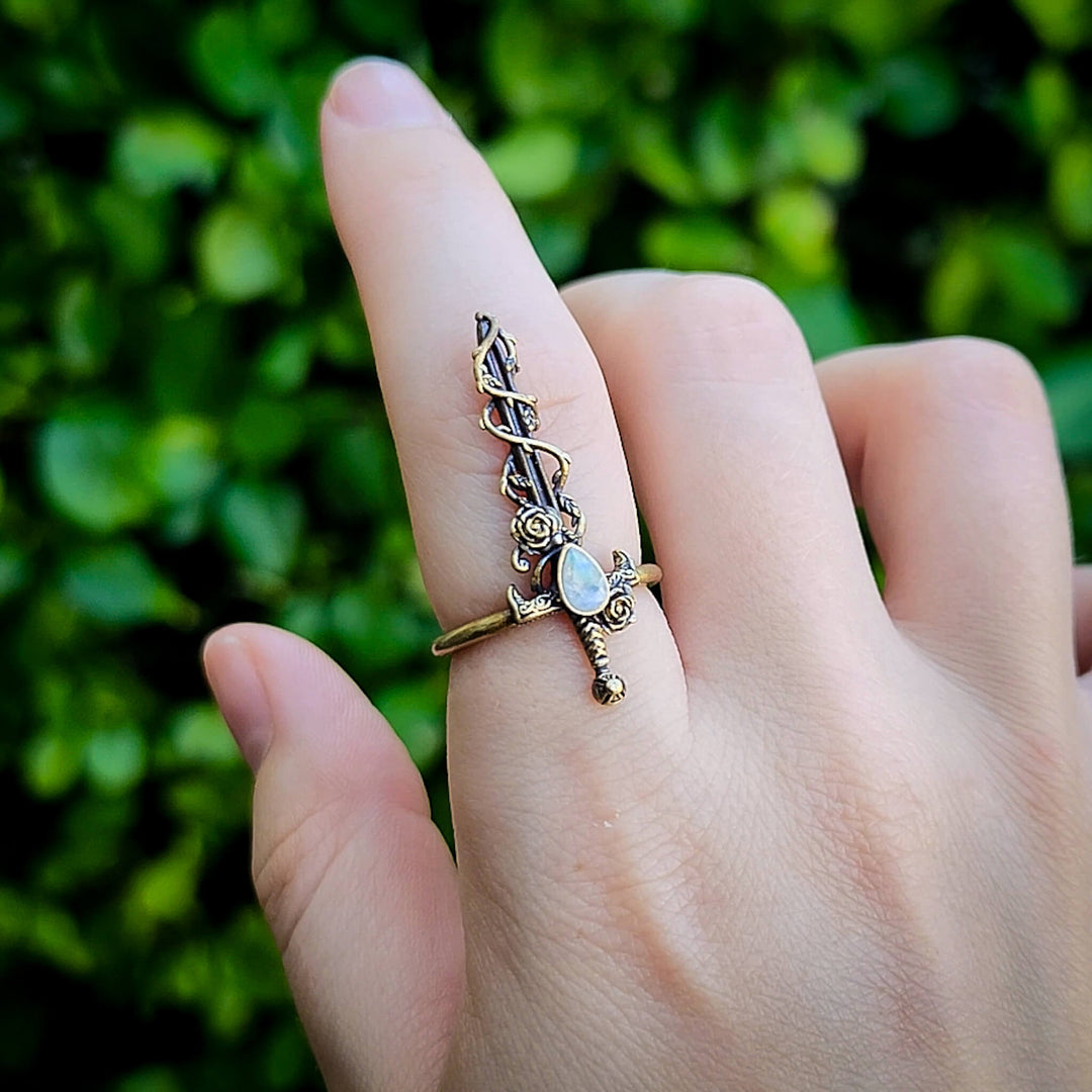 Moonstone Holy Rose Sword Ring Brass