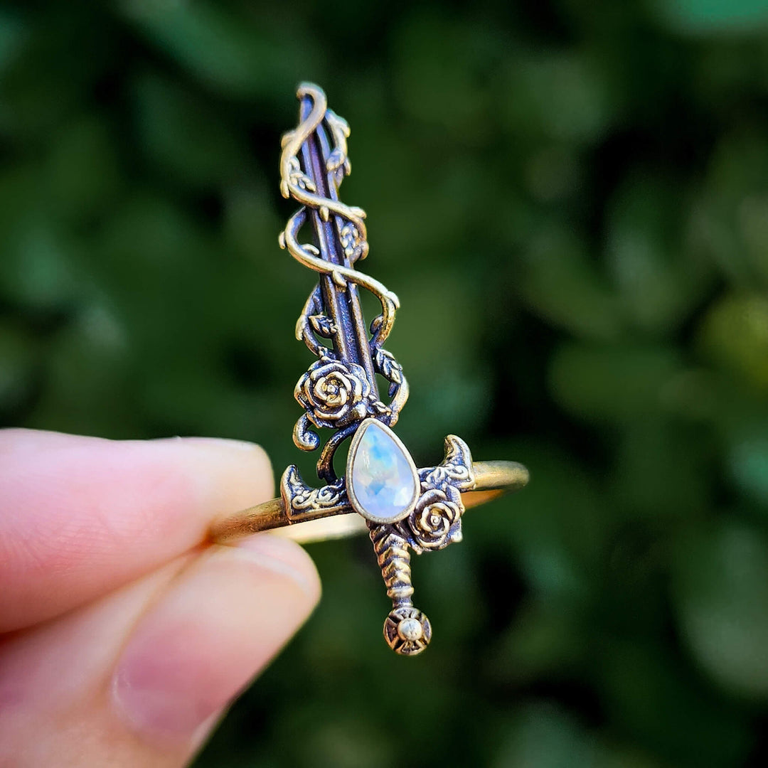 Moonstone Holy Rose Sword Ring Brass