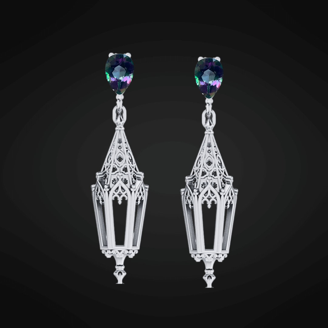 CUSTOM Sterling Silver Knights Cathedral Lantern Earrings with Natural Mystic Topaz