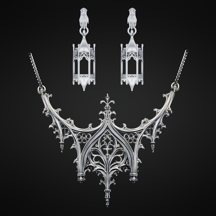 Sterling Silver Knights Cathedral Lantern Earrings + Necklace Set