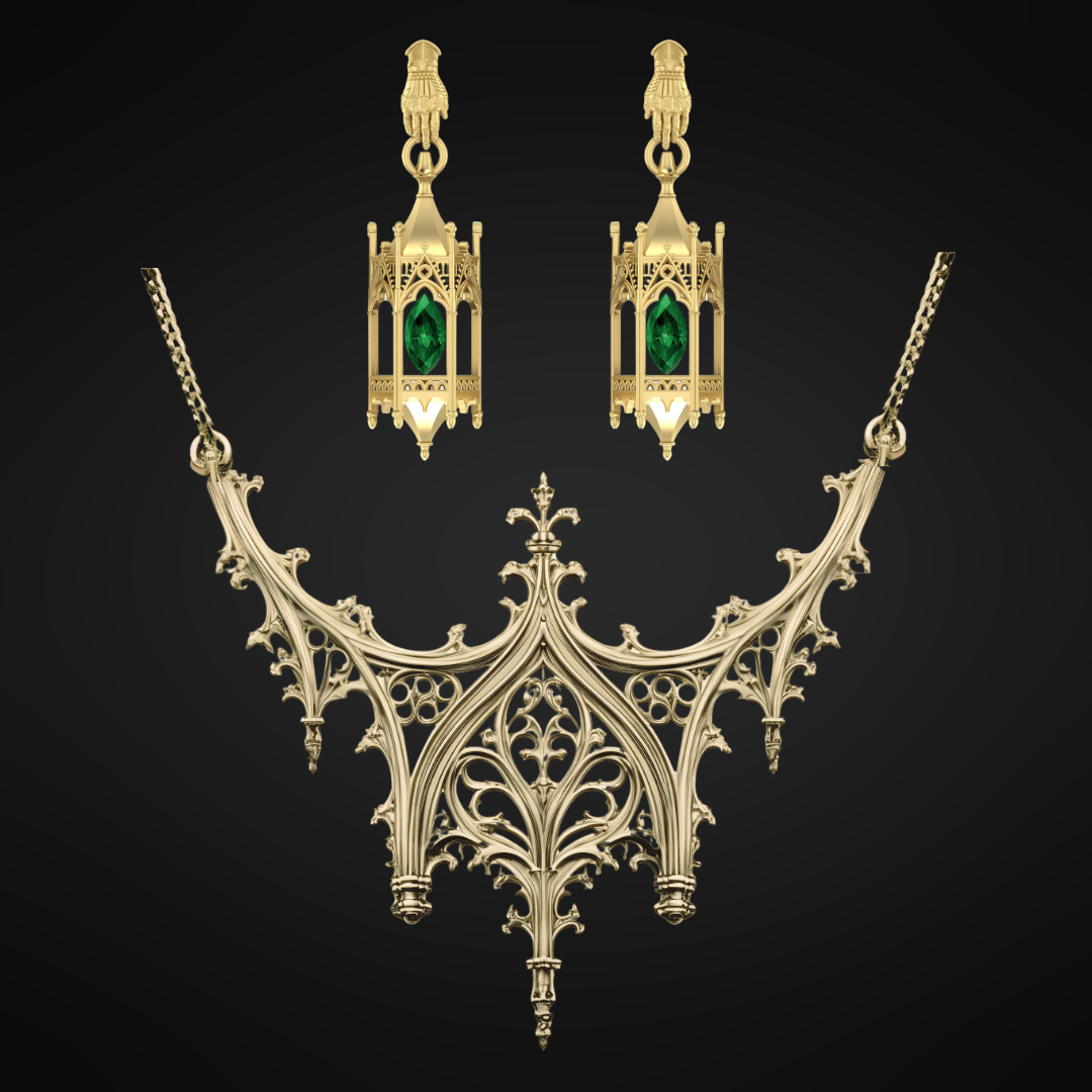Gold Vermeil Knights Cathedral Lantern Earrings + Necklace Set