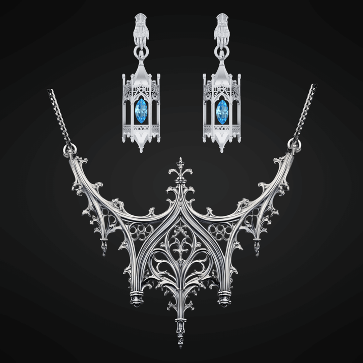 Sterling Silver Knights Cathedral Lantern Earrings with Blue Topaz + Necklace Set