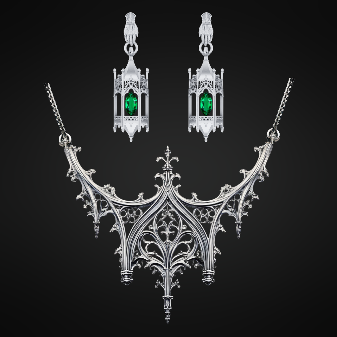 Sterling Silver Knights Cathedral Lantern Earrings with Emeralds + Necklace Set