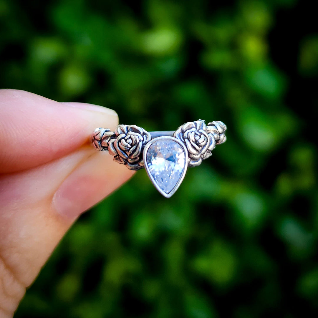 Silver Clear Crystal Rose ring