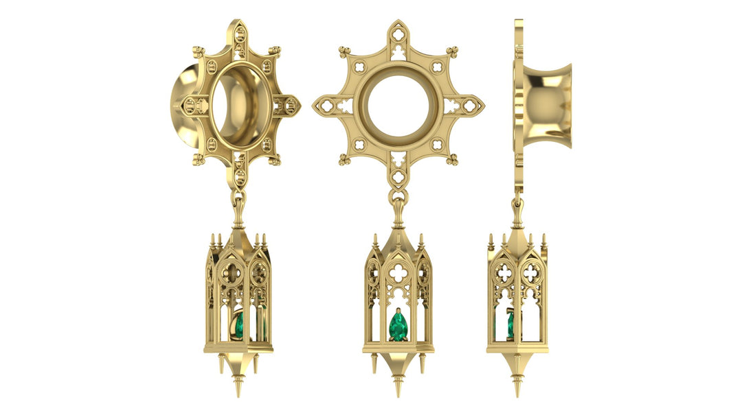 Custom Sterling Silver Cathedral Lantern Gauges with Lab Grown Emeralds
