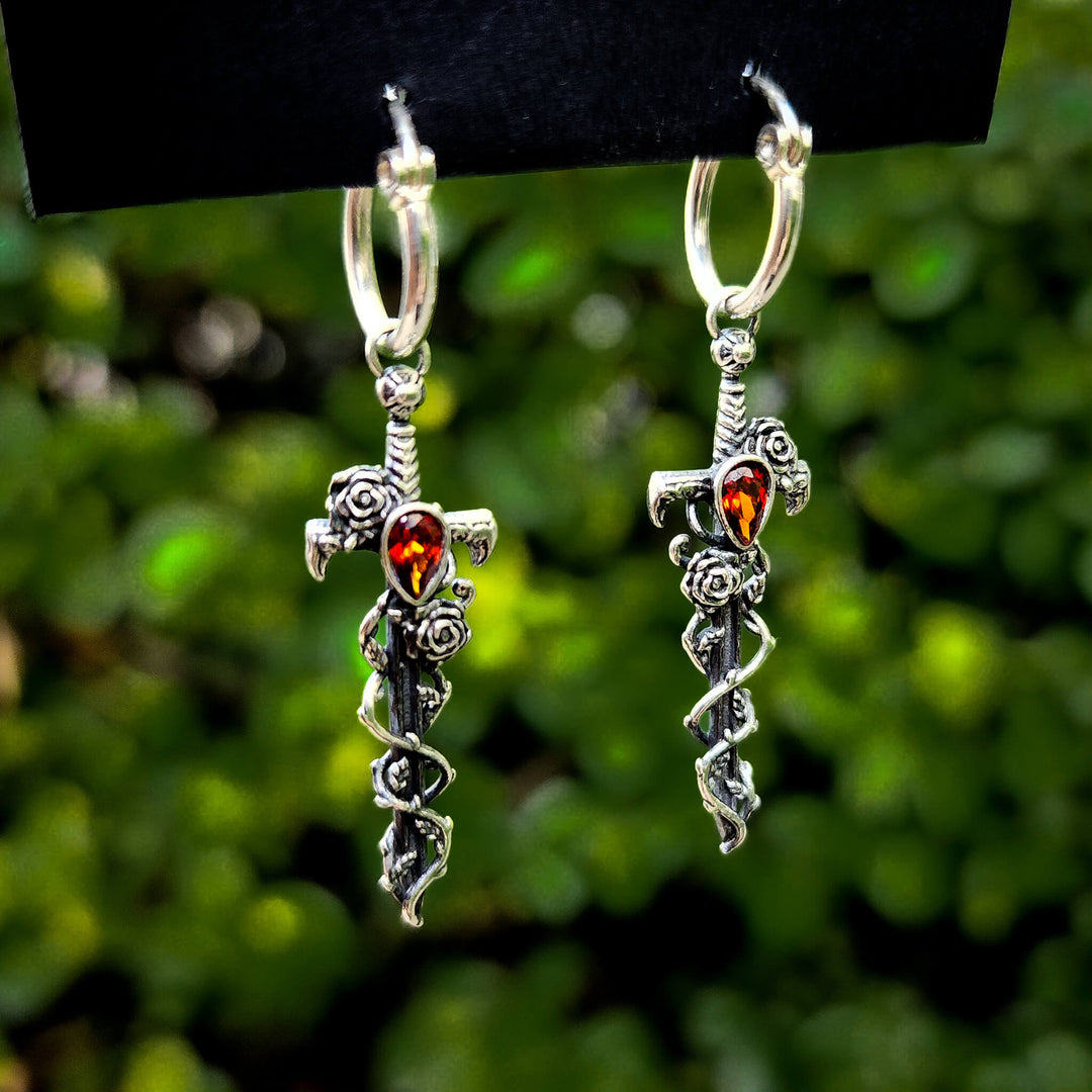 Garnet Silver Holy Rose Sword Earrings