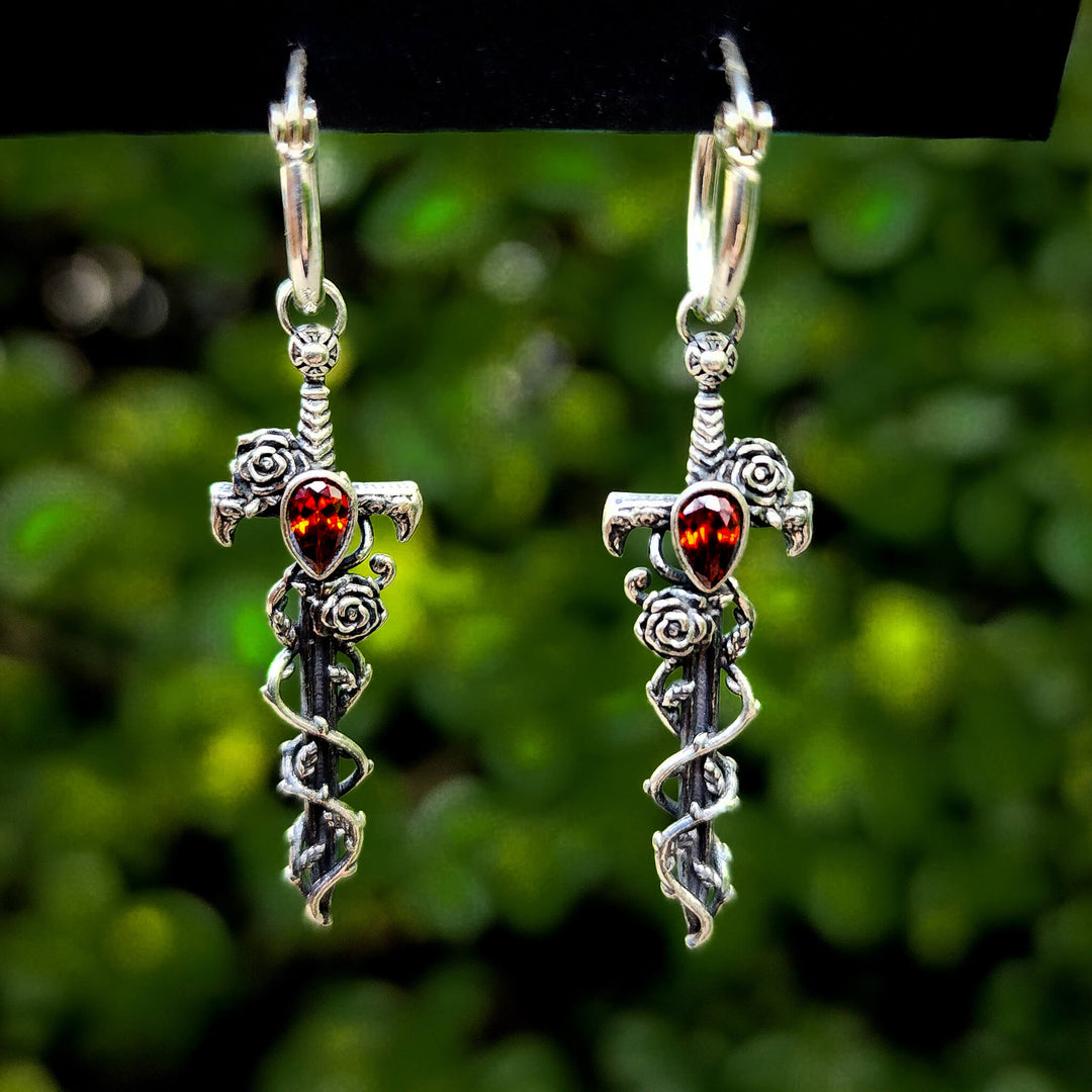 Garnet Silver Holy Rose Sword Earrings