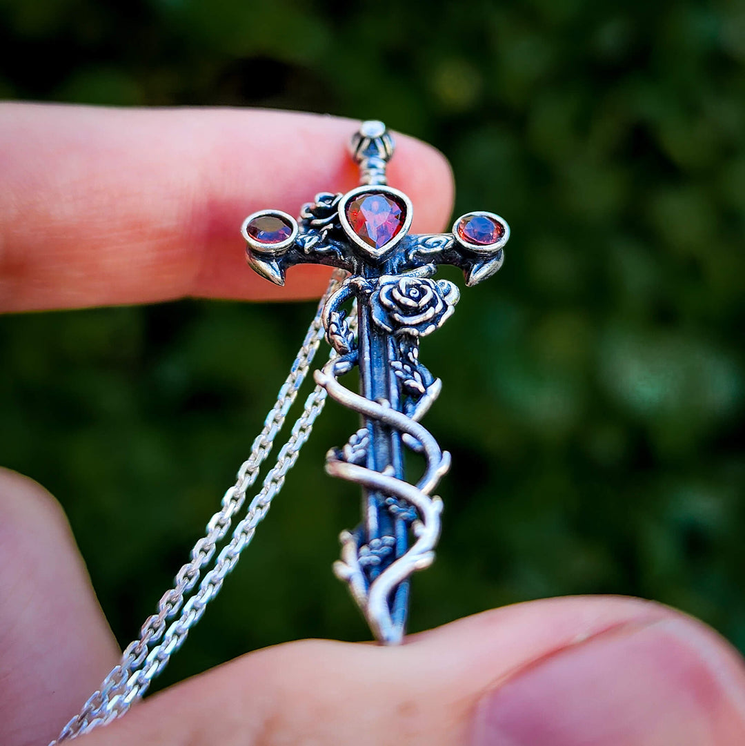 Silver Garnet Holy Rose Sword Necklace