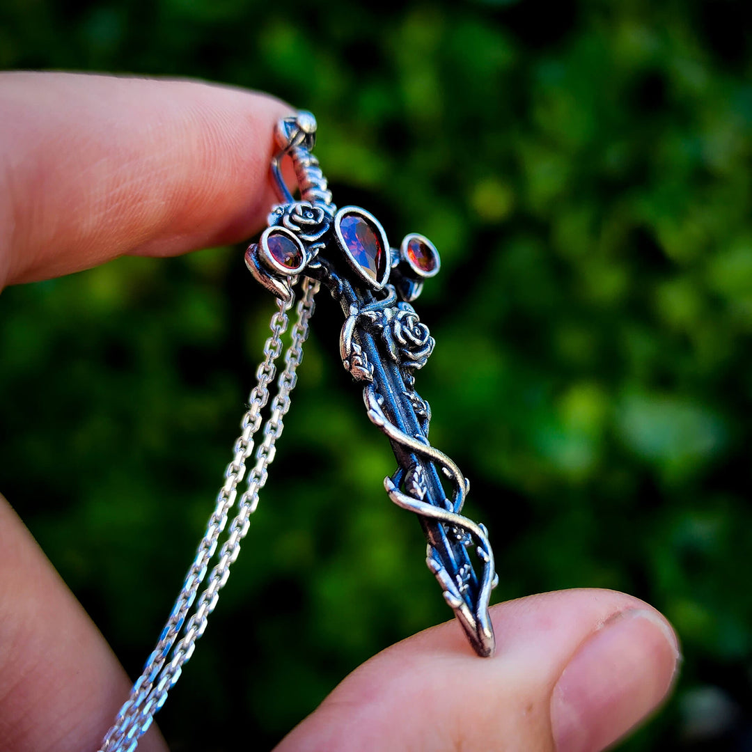Silver Garnet Holy Rose Sword Necklace