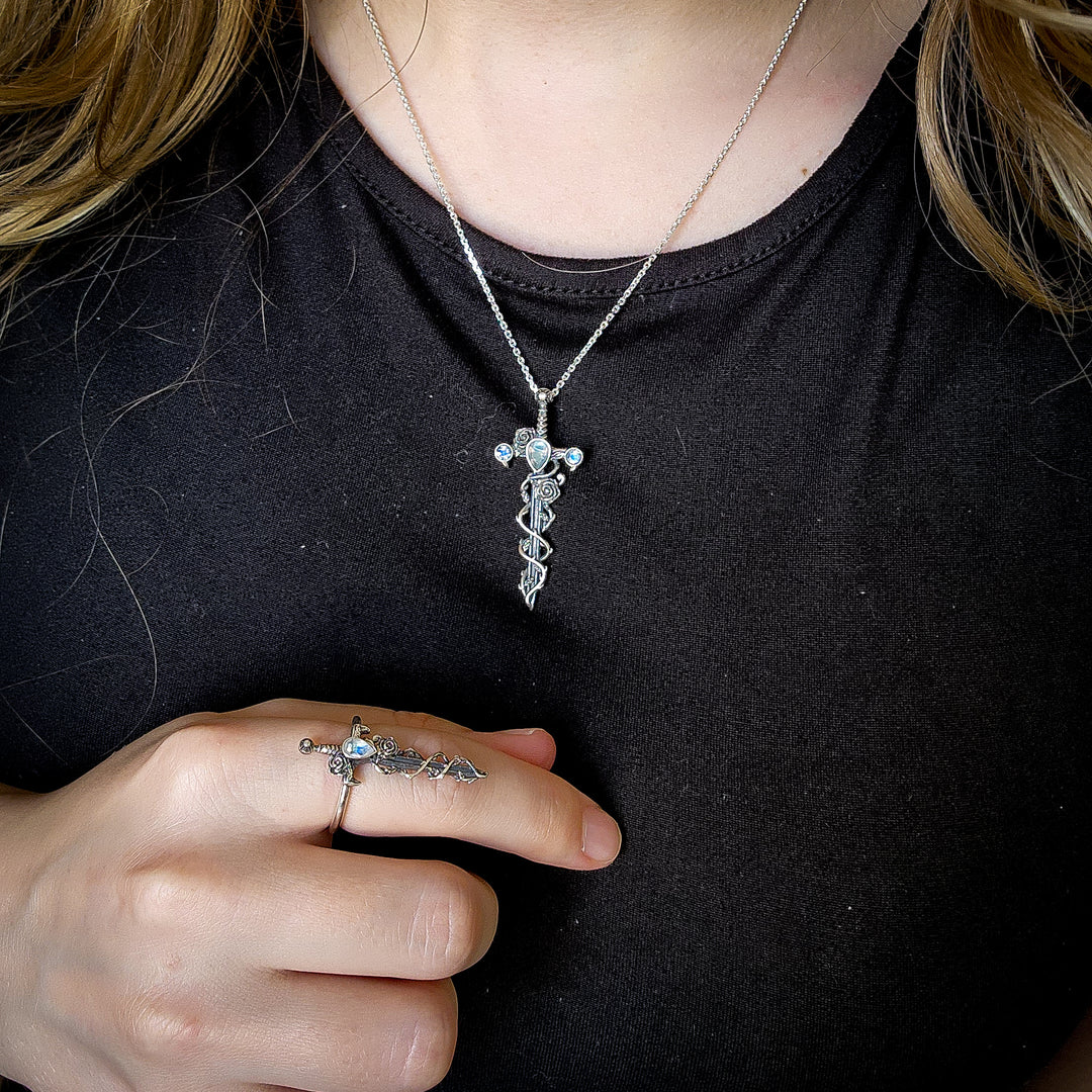 Silver Moonstone Holy Rose Sword Necklace