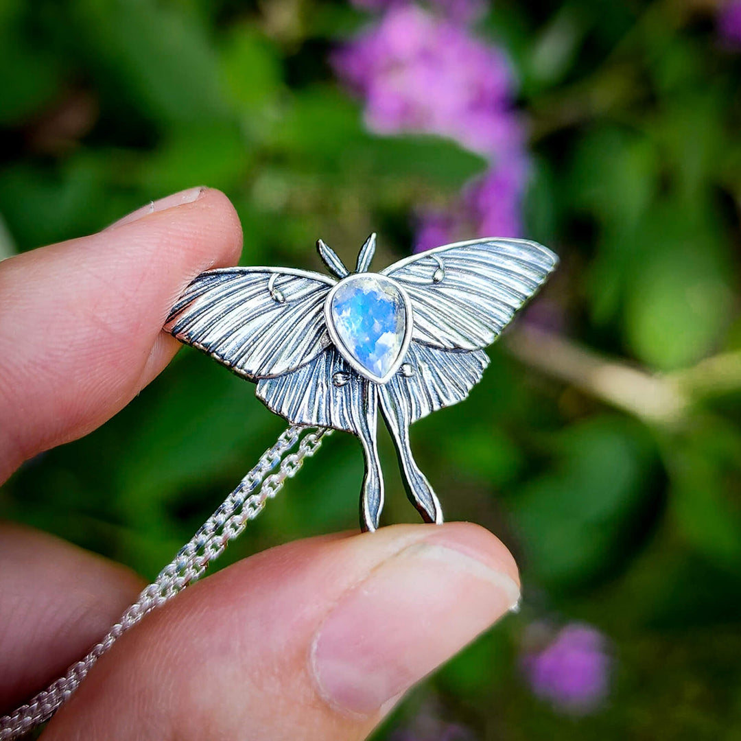 Silver Moonstone Luna Moth Necklace