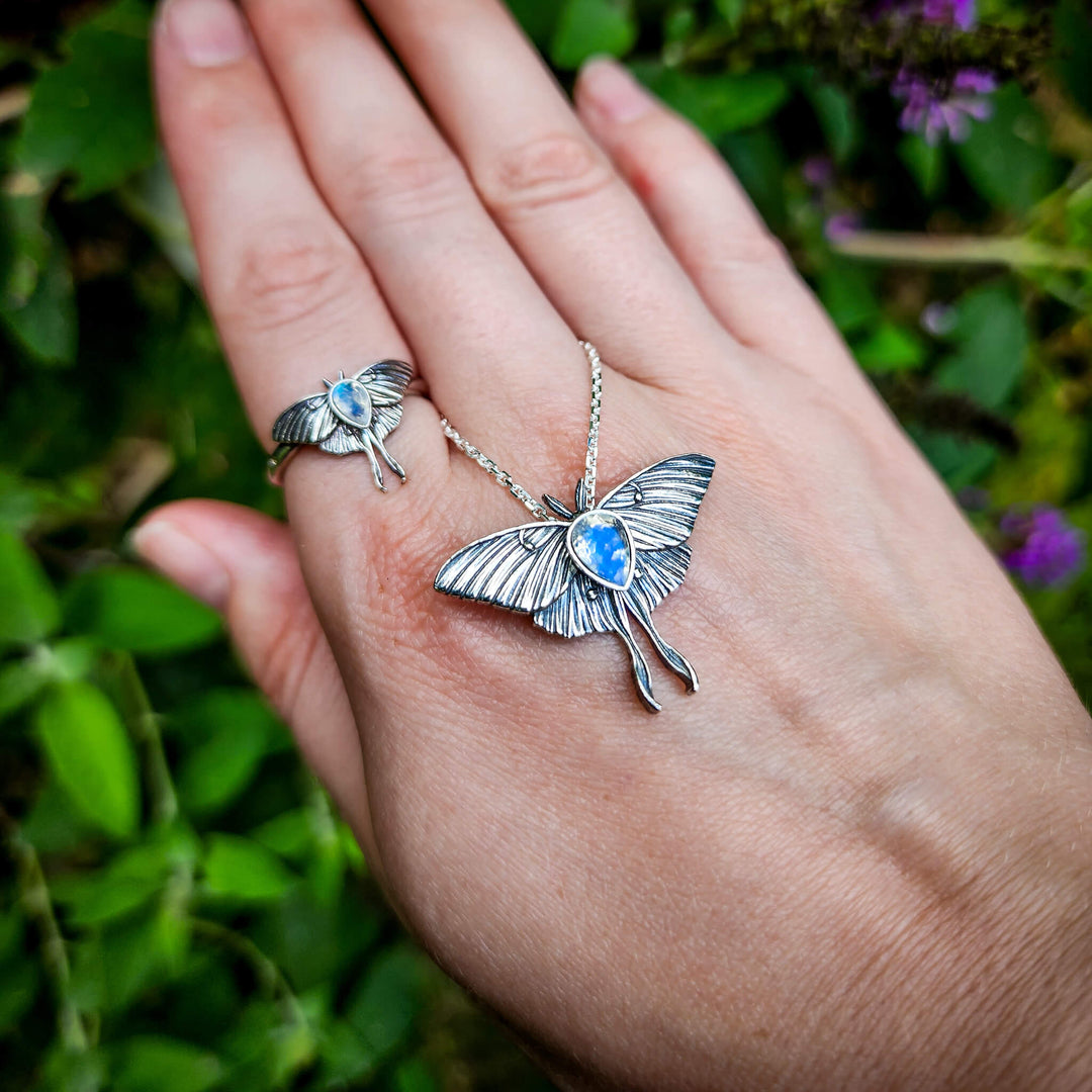Silver Moonstone Luna Moth Necklace