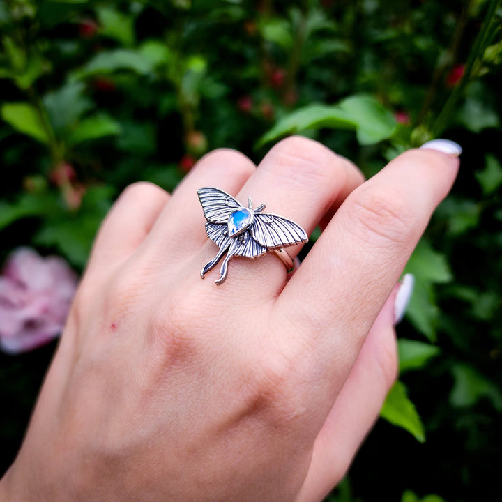 Custom Blue Sapphire Luna Moth Ring
