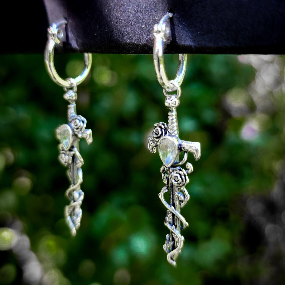 Moonstone Silver Holy Rose Sword Earrings