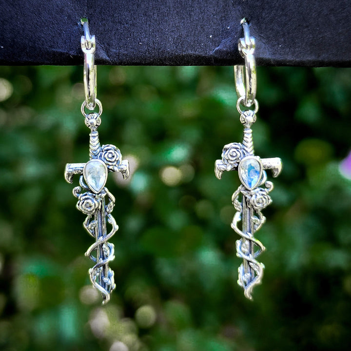 Moonstone Silver Holy Rose Sword Earrings