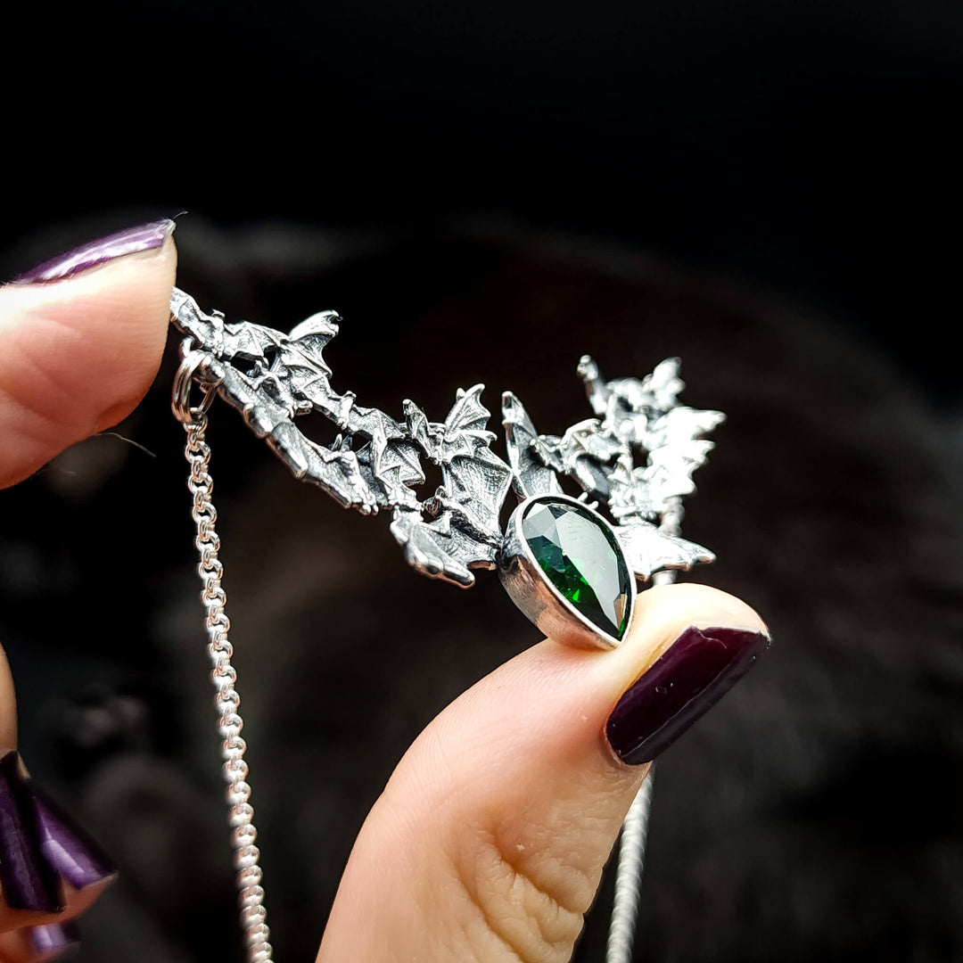 Silver Emerald Bat Swarm Necklace