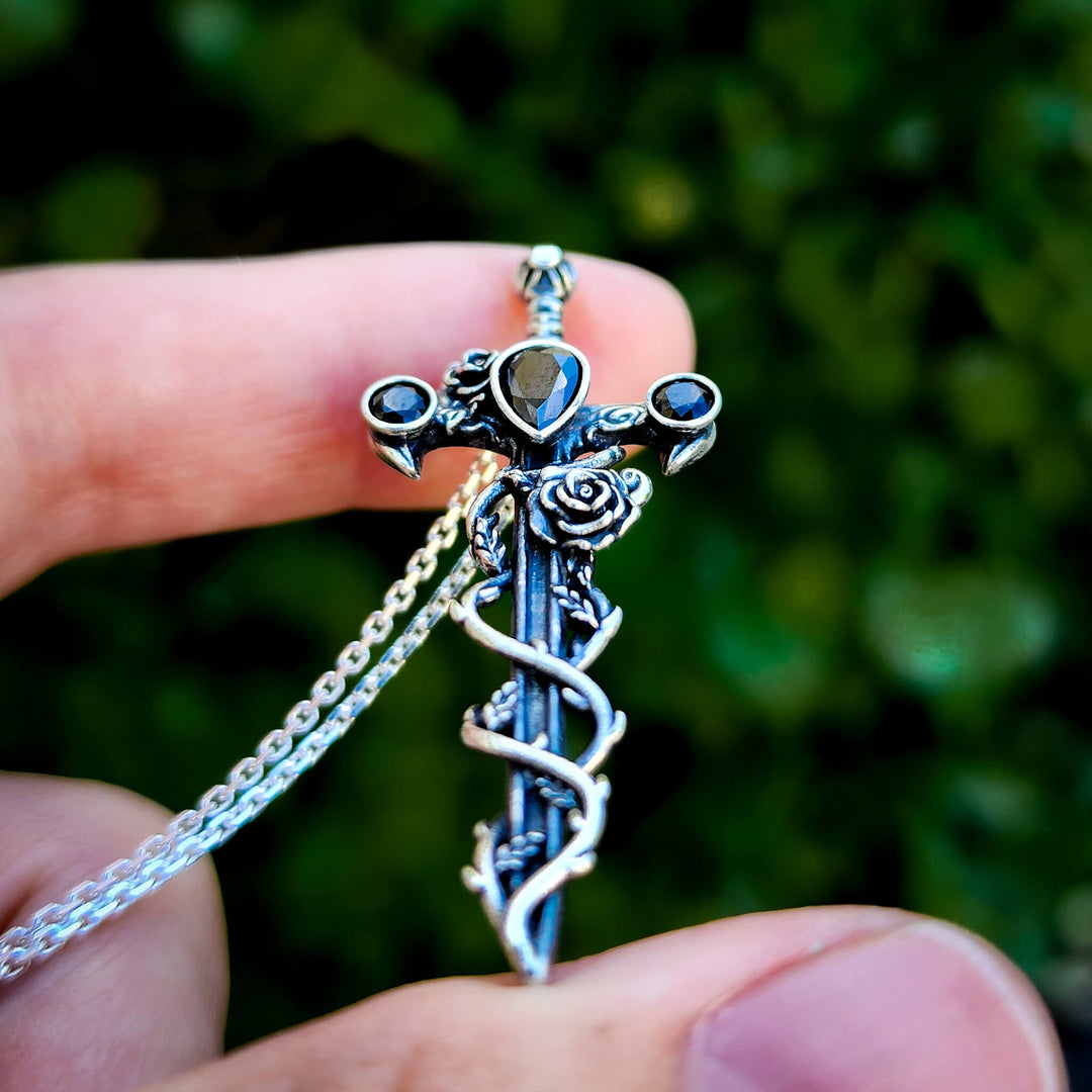 Silver Onyx Holy Rose Sword Necklace