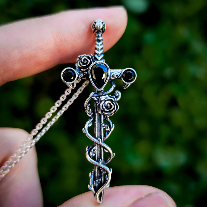 Silver Onyx Holy Rose Sword Necklace
