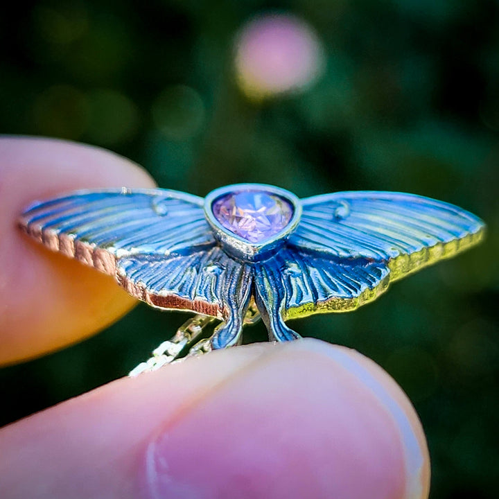 Silver Pink Sapphire Luna Moth Necklace