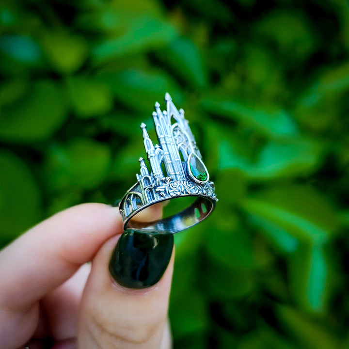 Silver Emerald Rose Cathedral Ring