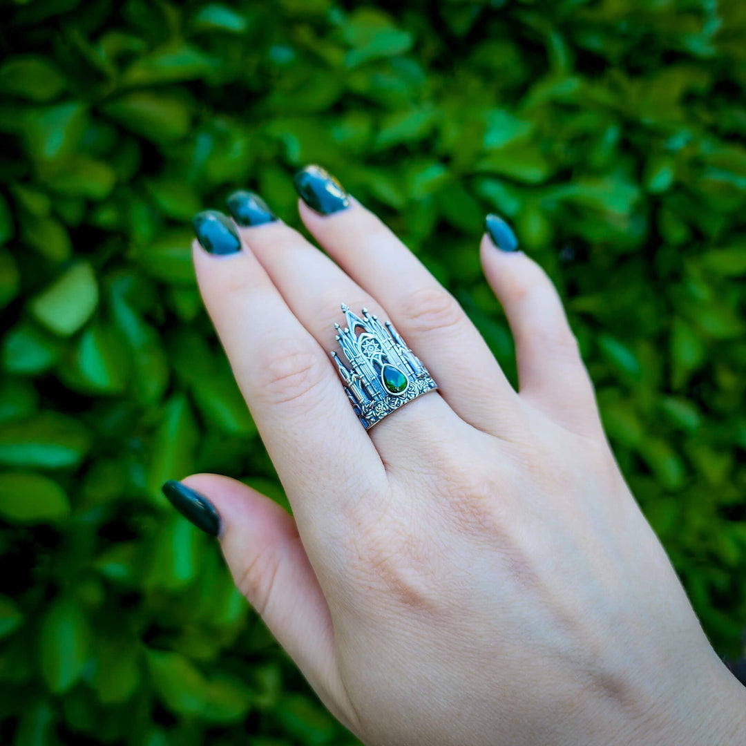 Silver Emerald Rose Cathedral Ring