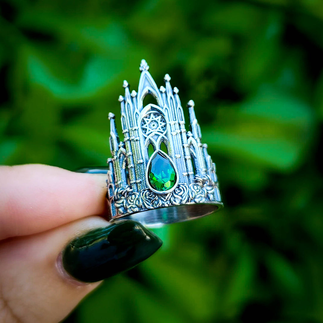 Silver Emerald Rose Cathedral Ring