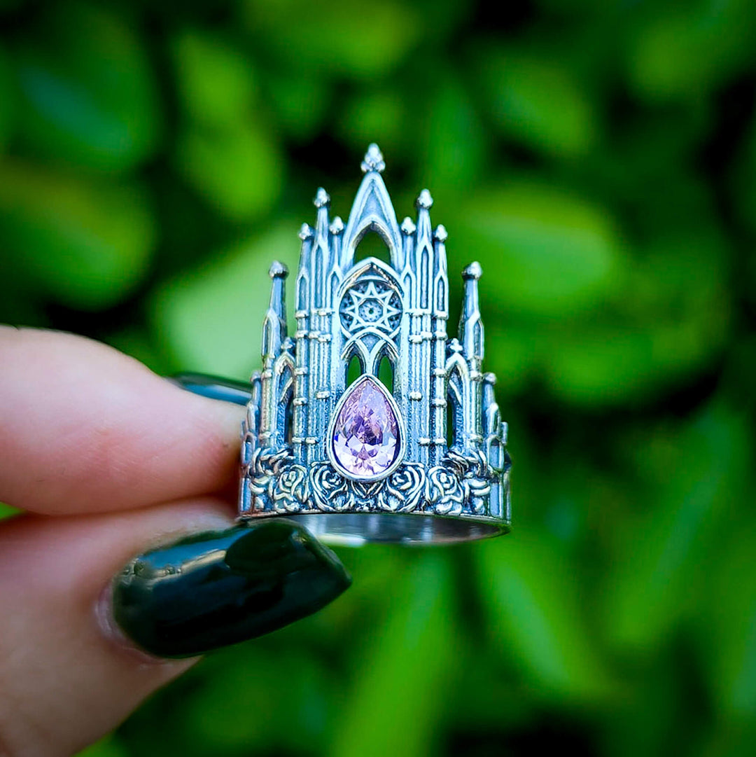 Silver Pink Sapphire Rose Cathedral Ring