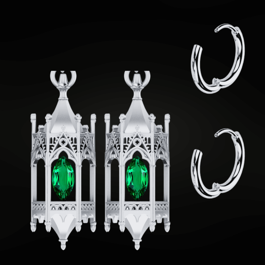 Sterling Silver Knights Cathedral Lantern Earrings with Emeralds