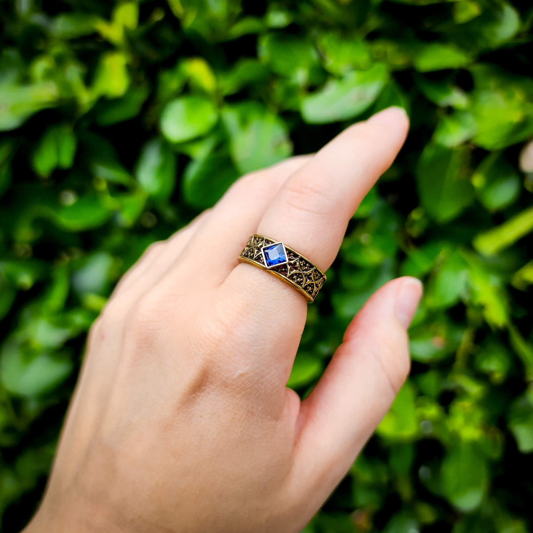 Tanzanite Brass Gothic Band Ring