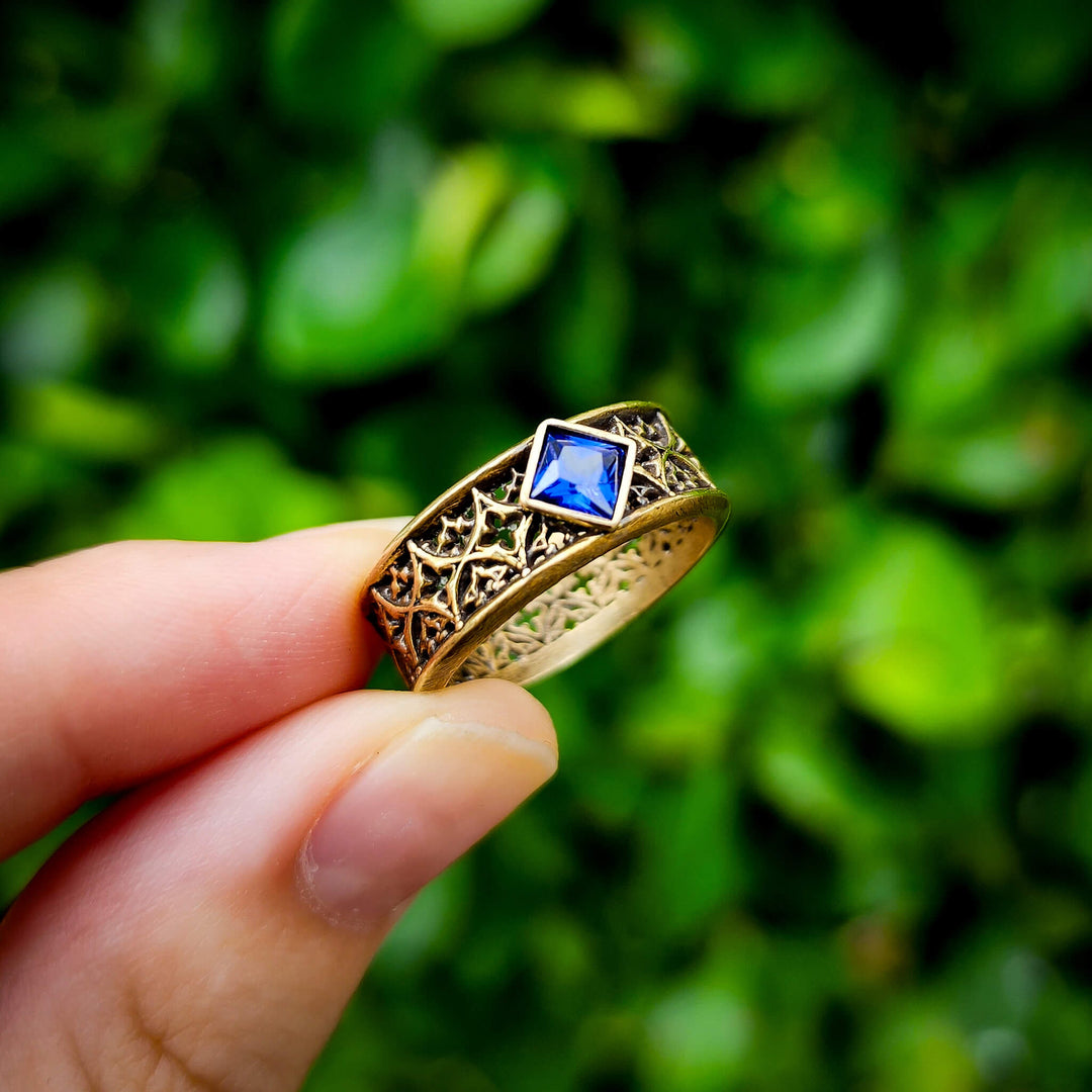 Tanzanite Brass Gothic Band Ring