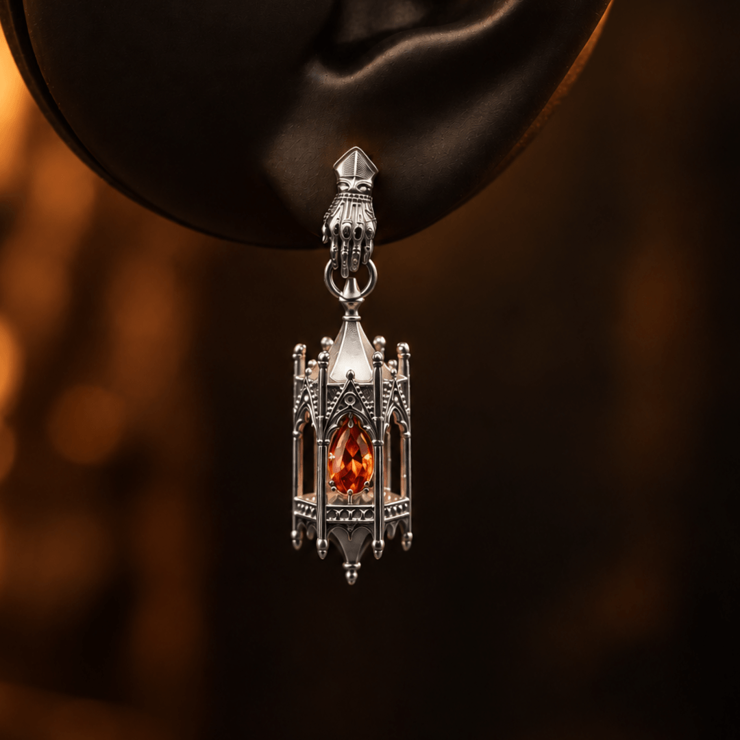 Custom Orange Sapphire Silver Knights Lantern Earrings