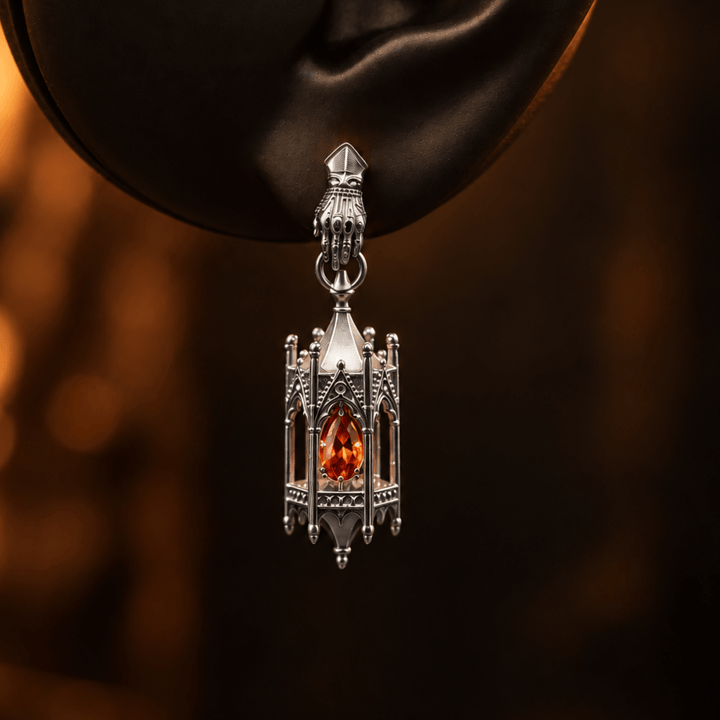 Custom Orange Sapphire Silver Knights Lantern Earrings