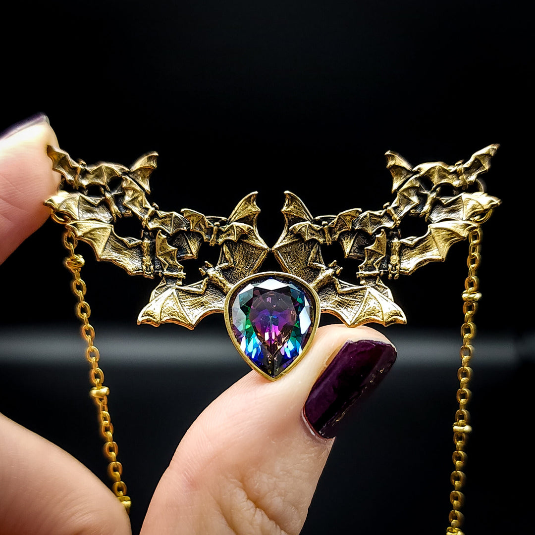 Brass Mystic Topaz Bat Swarm Necklace