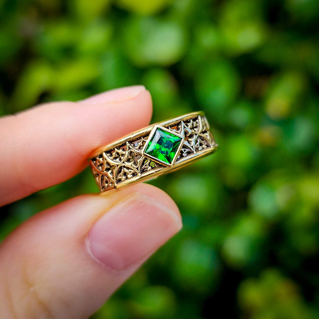 Emerald Brass Gothic Band Ring