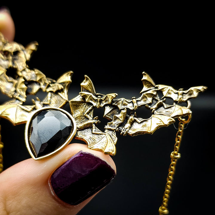 Brass Onyx Bat Swarm Necklace